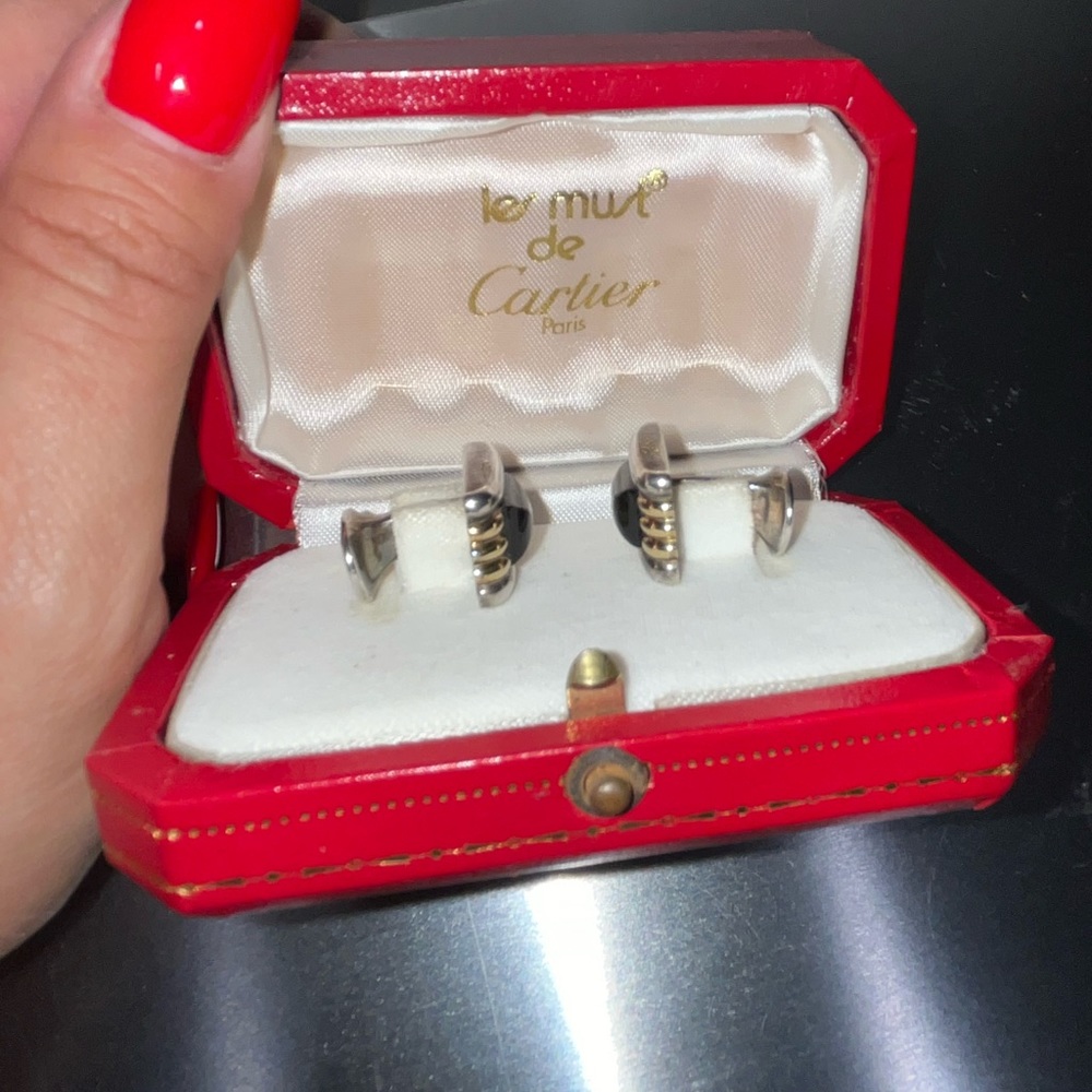 Auth Vintage Cartier 18k SS onyx cuff links - Picture 3 of 7